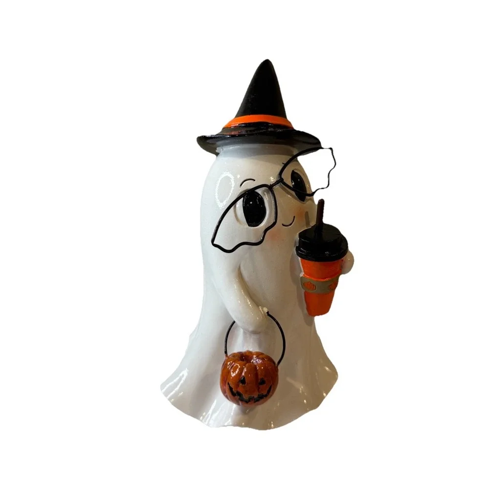 Halloween Super Cute Nerd Ghost Figurine With Pumpkin Latte, Glasses 7